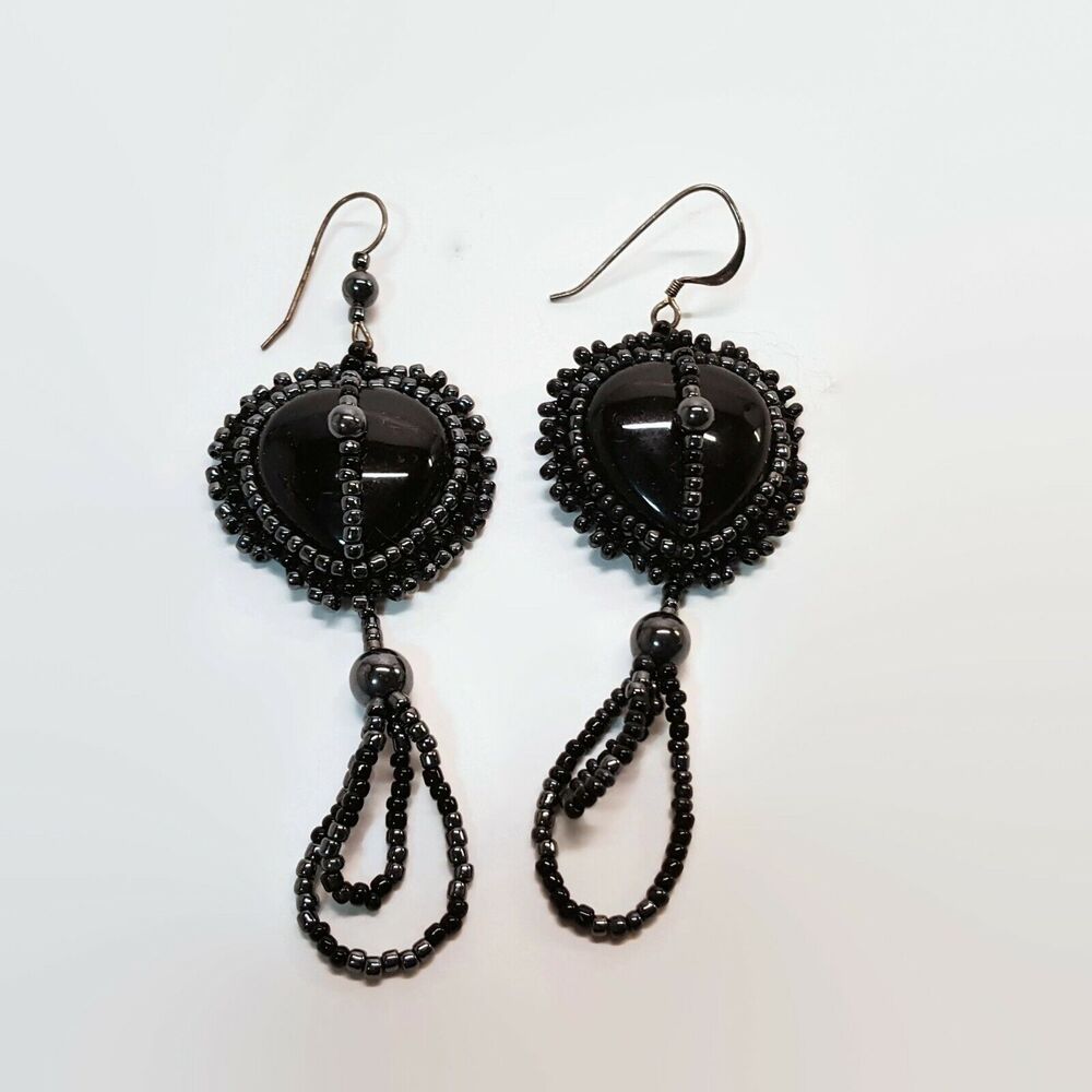 Black Onyx Heart Shaped Beaded Earrings With Sterling Silver Ear Wires